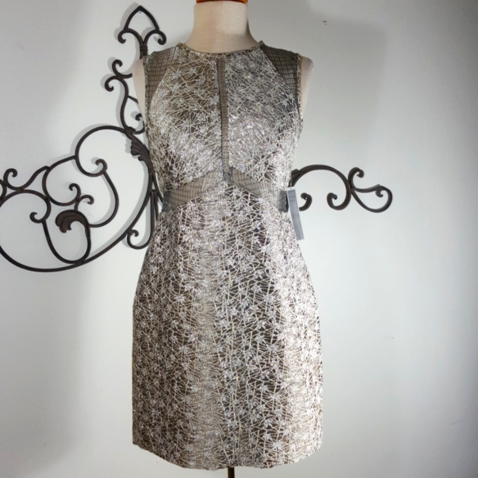 Kay Unger Metallic Silver And Taupe Cocktail Dress